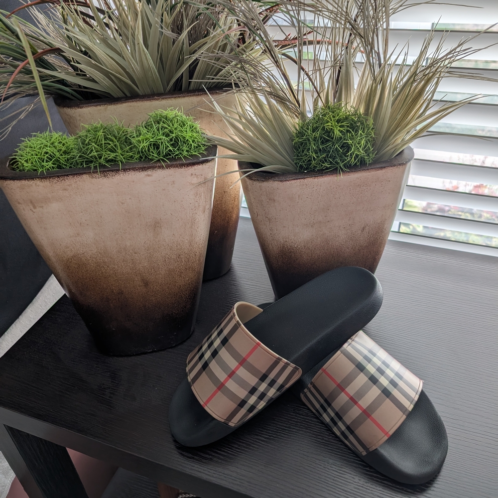 Burberry Beige and Black Plaid Slides- Women Size 10 US - Unisex, Men's Size 8US